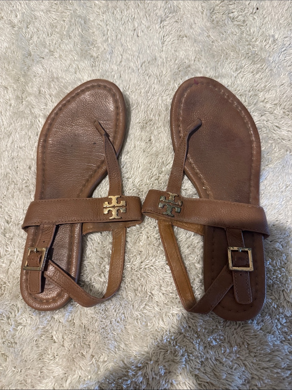 Tory Burch Tan Brown Leather Logo Thong Sandals with Gold Emblem